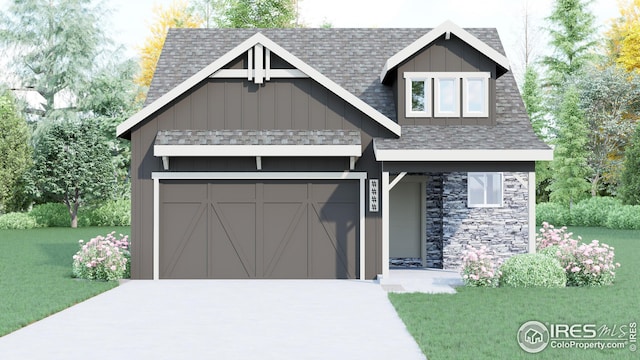 view of front facade with driveway, a shingled roof, stone siding, an attached garage, and board and batten siding