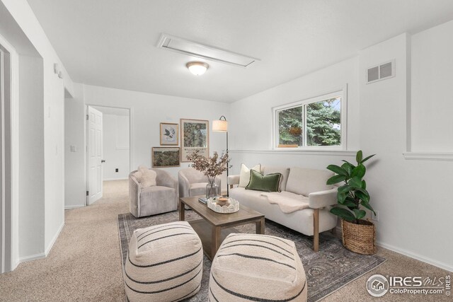 living area featuring baseboards, attic access, visible vents, and carpet flooring