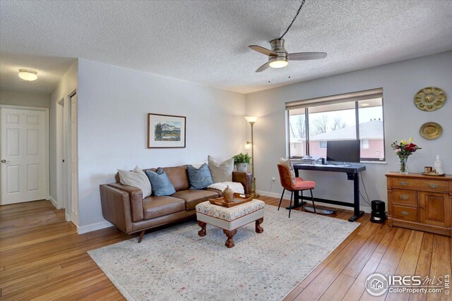 1105 Bacchus Dr Unit 8, Lafayette, CO 80026 - living room featuring light wood-type flooring, ceiling fan, a textured ceiling, and baseboards