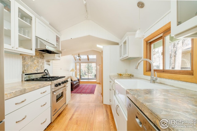 kitchen featuring stainless steel appliances, lofted ceiling, light countertops, light wood-style flooring, and under cabinet range hood