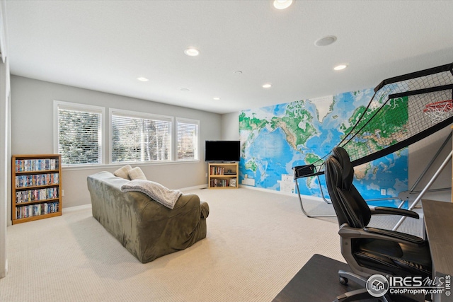 office area featuring recessed lighting, baseboards, and carpet floors