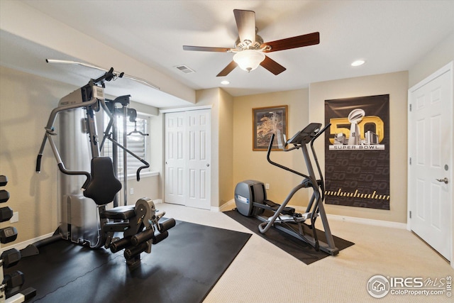 exercise area with recessed lighting, baseboards, visible vents, and carpet floors