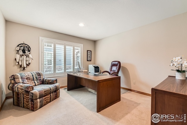 office with light colored carpet, baseboards, and recessed lighting