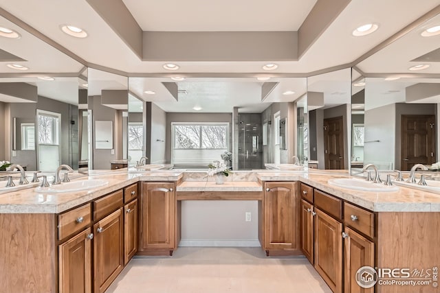 full bathroom featuring recessed lighting, tile patterned flooring, and vanity