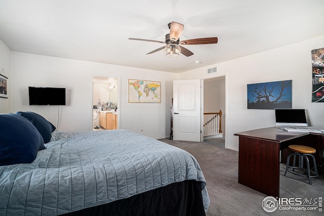 bedroom with visible vents, baseboards, ceiling fan, and carpet floors