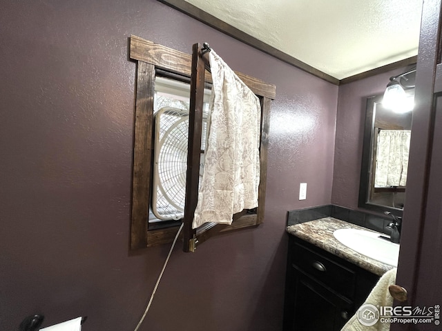 bathroom with a textured wall and vanity