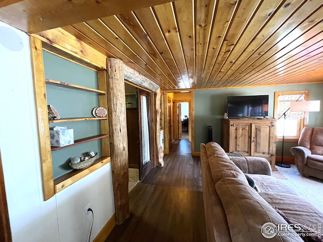 living area with wood ceiling, wood finished floors, built in features, and baseboards