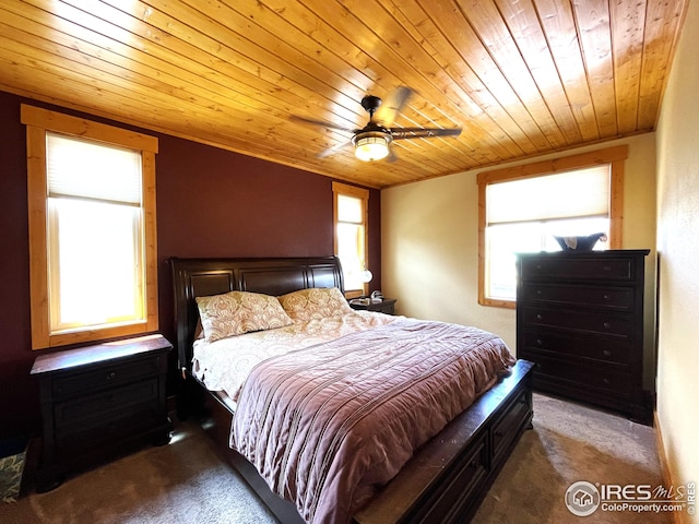 bedroom with wooden ceiling, carpet floors, and ceiling fan