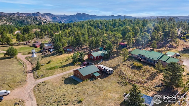 birds eye view of property featuring a forest view and a mountain view