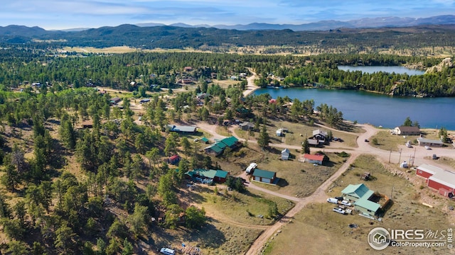 bird's eye view featuring a wooded view and a water and mountain view