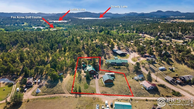 birds eye view of property featuring a forest view and a mountain view