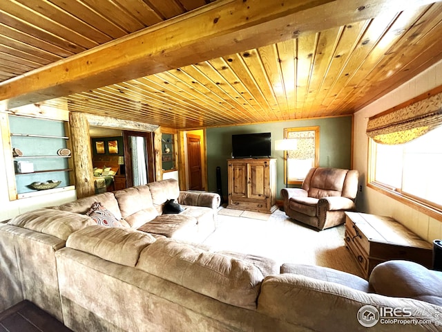 living area featuring wood ceiling