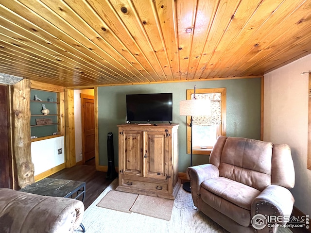 living area featuring wooden ceiling and wood finished floors