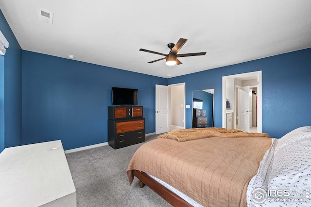 bedroom featuring visible vents, baseboards, ceiling fan, and carpet flooring