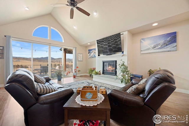 living room with wood finished floors, a fireplace, baseboards, and high vaulted ceiling