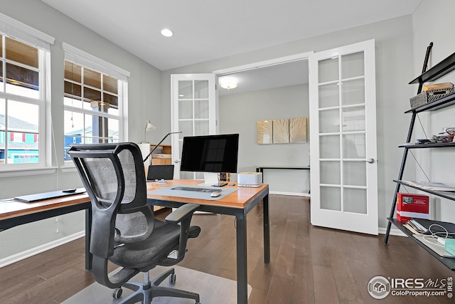 office featuring french doors, baseboards, and wood finished floors