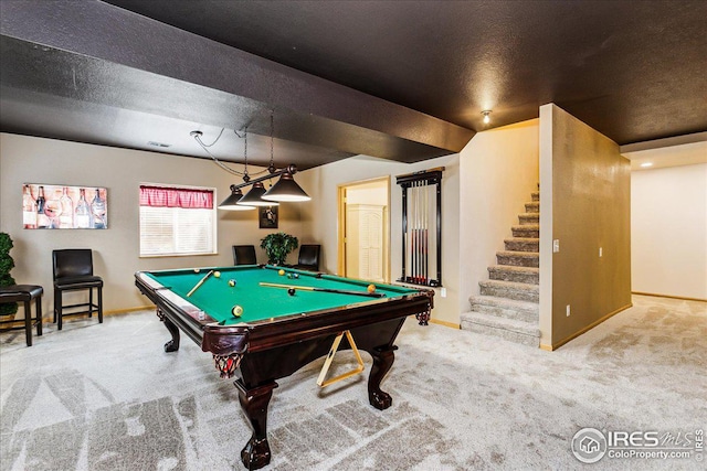 playroom with baseboards, carpet, pool table, and a textured ceiling