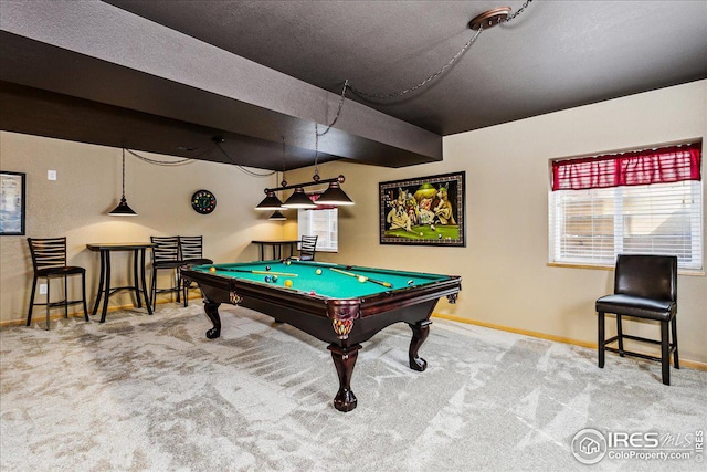 recreation room with billiards, baseboards, carpet floors, and a textured ceiling