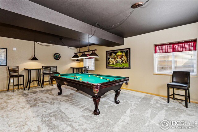 game room featuring carpet flooring, pool table, a textured ceiling, and baseboards