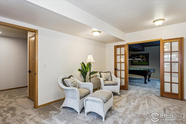 living area with carpet, pool table, french doors, and baseboards