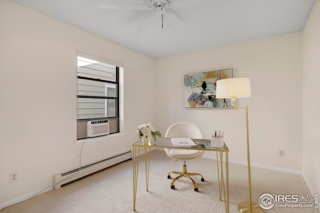 carpeted home office featuring cooling unit, baseboards, a baseboard radiator, ceiling fan, and a textured ceiling