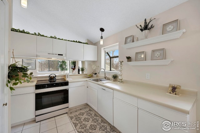 kitchen featuring a sink, open shelves, under cabinet range hood, range with electric stovetop, and white cabinets