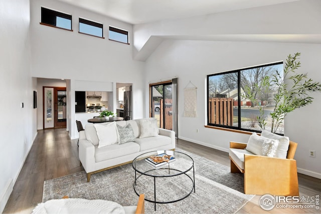 living room with a high ceiling, baseboards, and wood finished floors