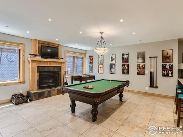 game room featuring billiards, recessed lighting, light tile patterned flooring, a fireplace, and baseboards