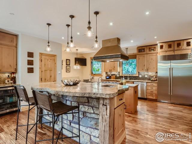 kitchen with a sink, tasteful backsplash, stainless steel appliances, exhaust hood, and a large island with sink