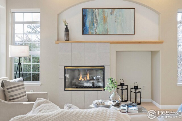 living area with baseboards, carpet floors, and a fireplace