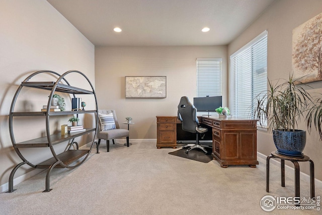 home office featuring recessed lighting, carpet floors, and baseboards