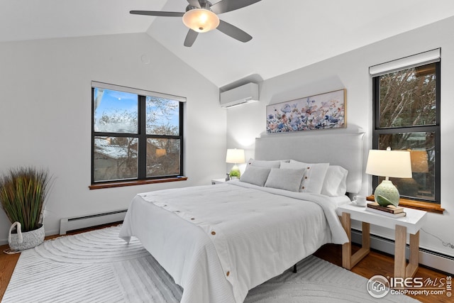 bedroom featuring a ceiling fan, wood finished floors, an AC wall unit, vaulted ceiling, and baseboard heating