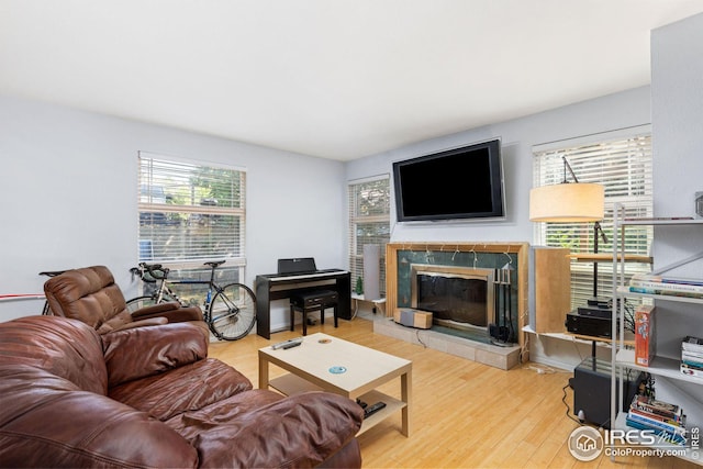 living area featuring wood finished floors and a tile fireplace