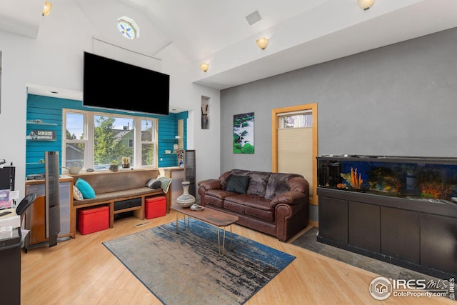 living area featuring lofted ceiling and wood finished floors