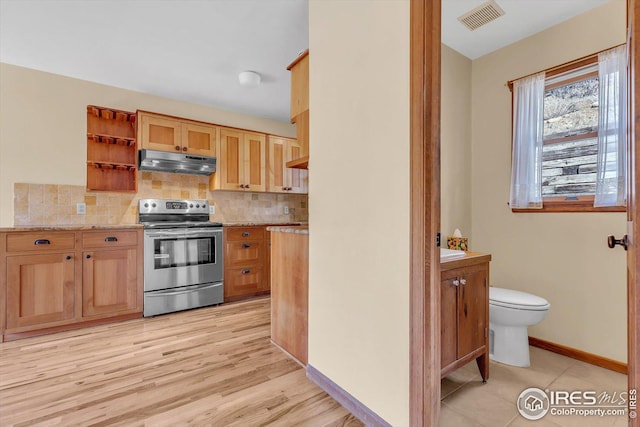 kitchen featuring tasteful backsplash, visible vents, under cabinet range hood, stainless steel electric range, and open shelves