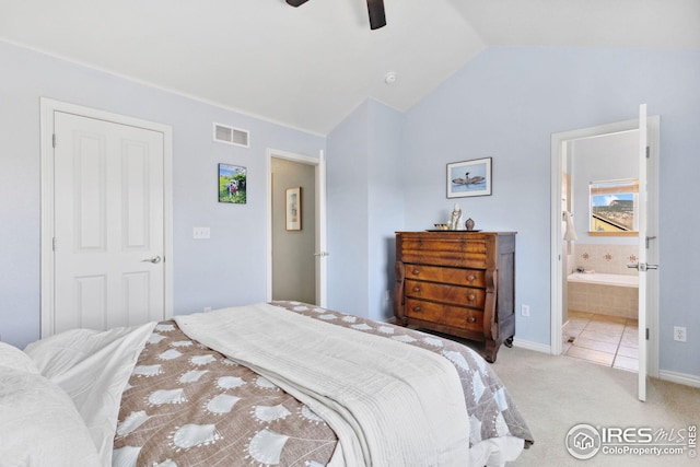 107 Bohn Ct, Lyons, CO 80540 - bedroom with light carpet, vaulted ceiling, ensuite bathroom, ceiling fan, and baseboards