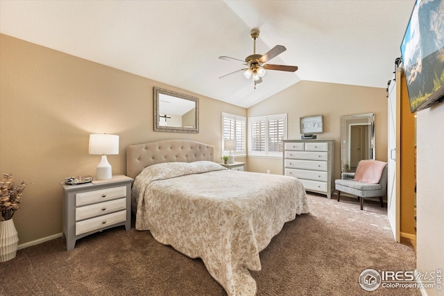 bedroom featuring baseboards, ceiling fan, dark carpet, and vaulted ceiling