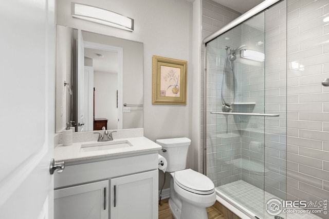 bathroom with a stall shower, toilet, and vanity