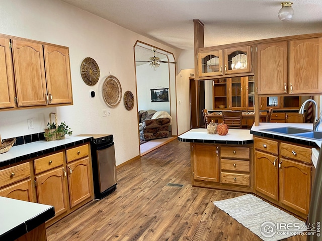 kitchen featuring a sink, wood finished floors, a ceiling fan, and tile counters