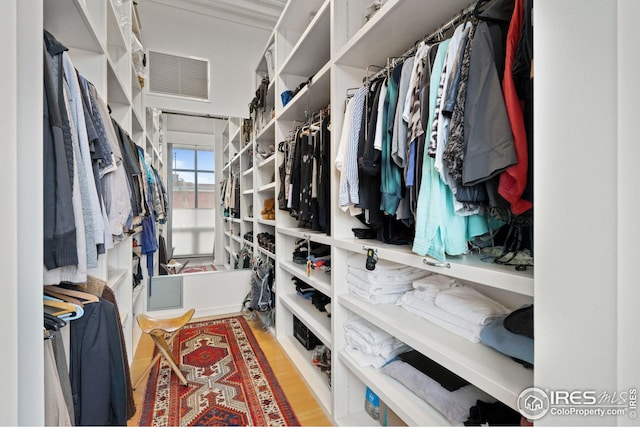 walk in closet featuring visible vents and wood finished floors