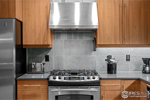 kitchen featuring decorative backsplash, wall chimney exhaust hood, brown cabinetry, and stainless steel appliances