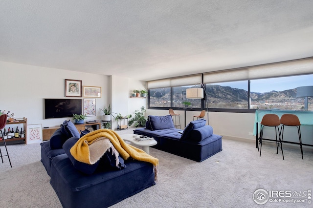 living room with a mountain view, a textured ceiling, and carpet floors