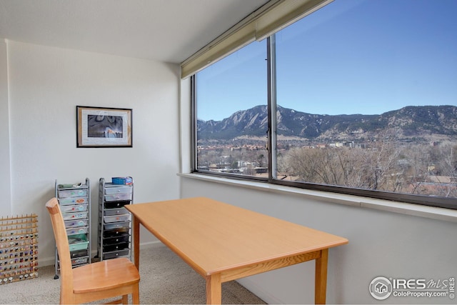 office space with a mountain view and carpet