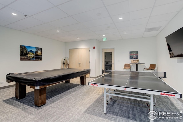 playroom featuring pool table, carpet, recessed lighting, and a drop ceiling