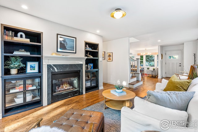 living area featuring built in shelves, wood finished floors, baseboards, and a premium fireplace