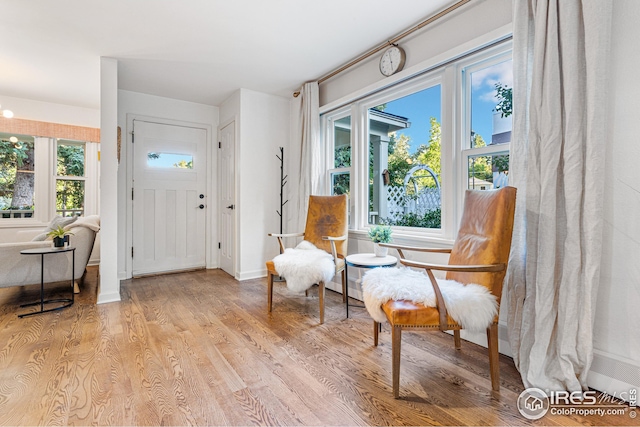 living area featuring baseboards and wood finished floors
