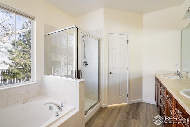 full bathroom featuring a bath, a healthy amount of sunlight, a shower stall, and a sink