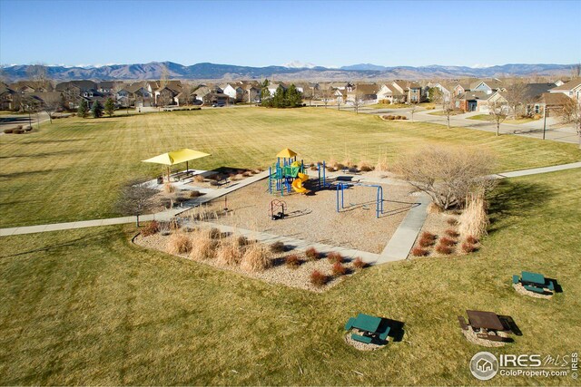 aerial view with a mountain view and a residential view