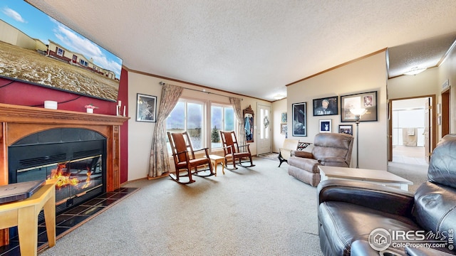 carpeted living room featuring a fireplace, a textured ceiling, and ornamental molding