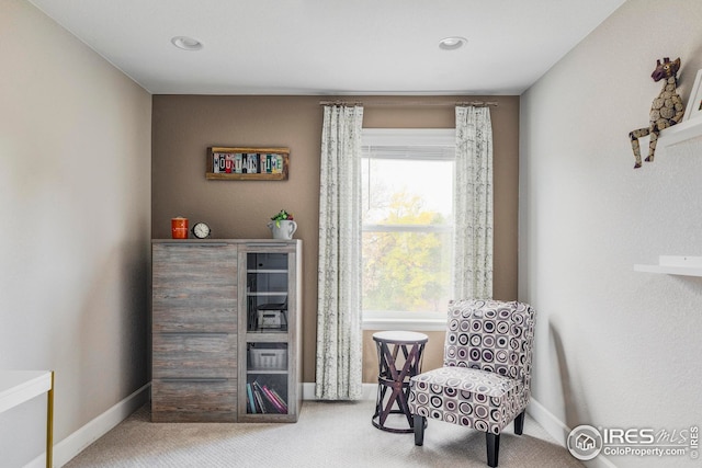 living area featuring carpet flooring and baseboards
